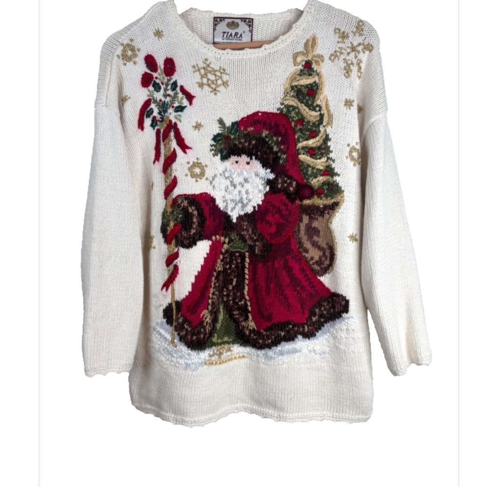 VTG 90s Tiara Christmas Sweater L Embroidered Cream Knit Granny Cottage Santa